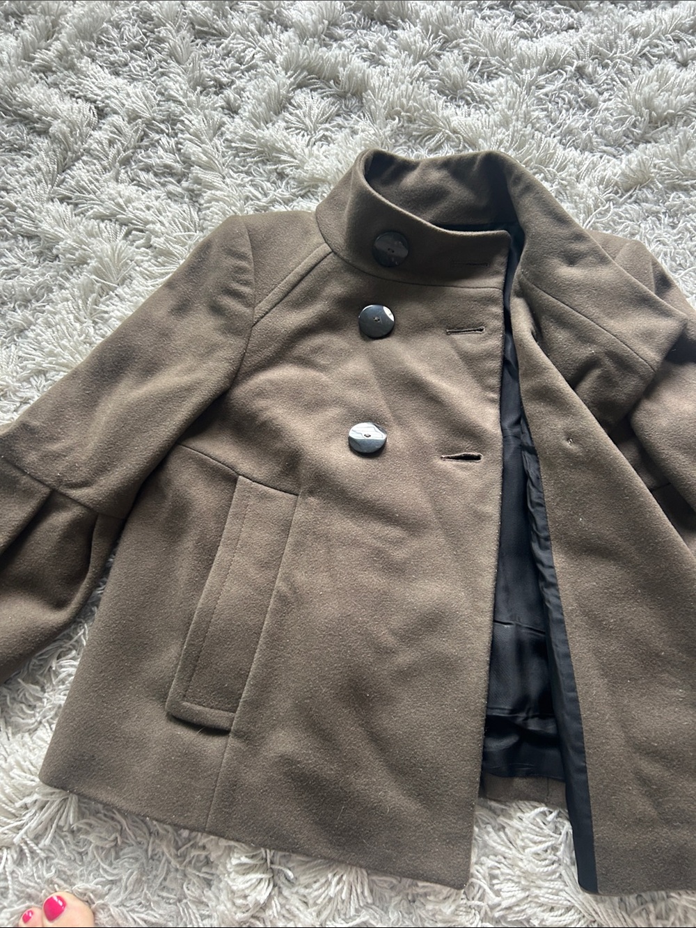 Zara Brown Double-Breasted Pea Coat with Balloon Sleeves - Picture 4 of 7